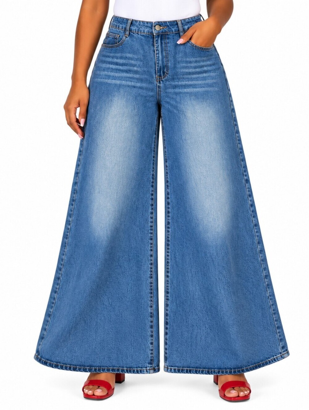 Women's Wide Leg High-Waist Blue Jeans - Picture 2 of 9
